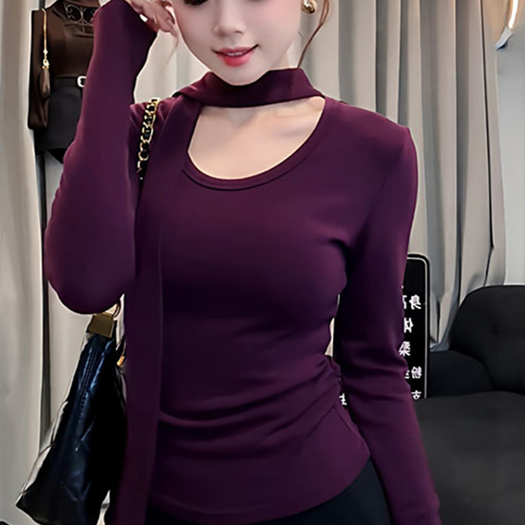 大码设计感U领飘带磨毛德绒T恤