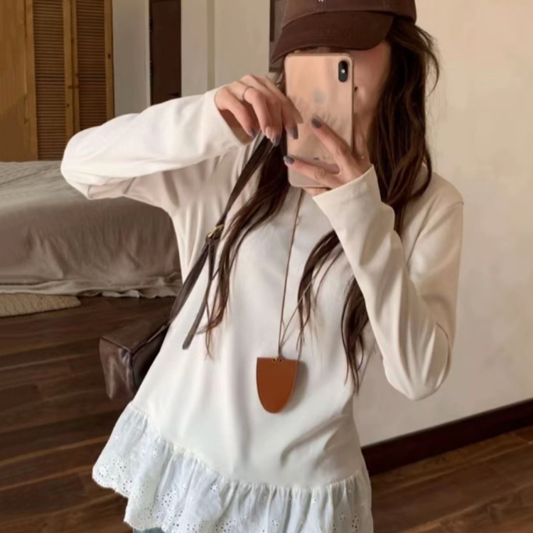 大码蕾丝拼接保暖德绒长袖打底衫T恤女秋冬季内搭中长款显瘦上衣