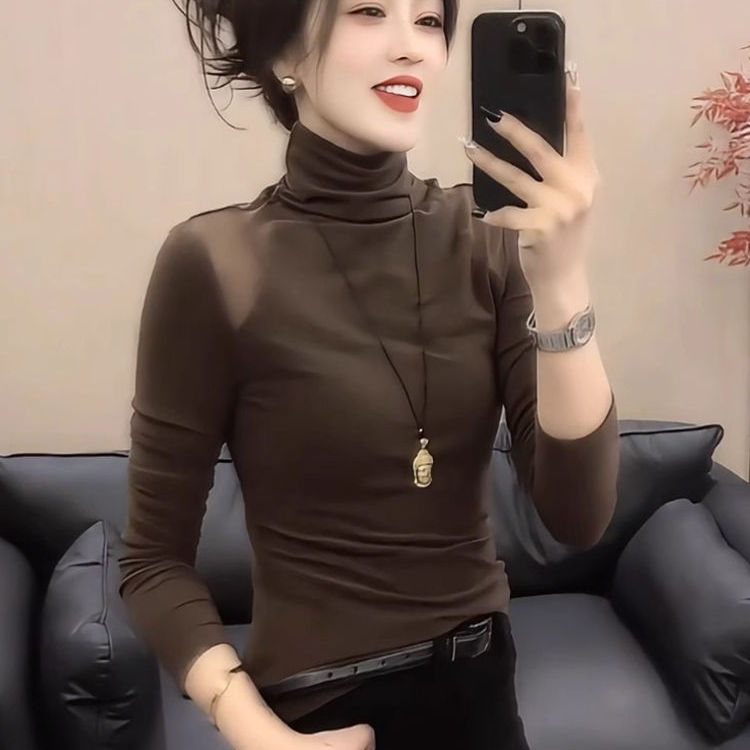 欧货网纱拼接保暖德绒高领T恤