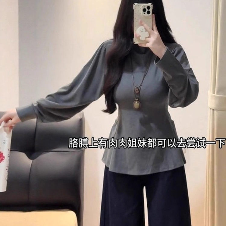 大码微胖mm半高领德绒保暖打底衫长袖T恤女秋冬季中长款显瘦上衣