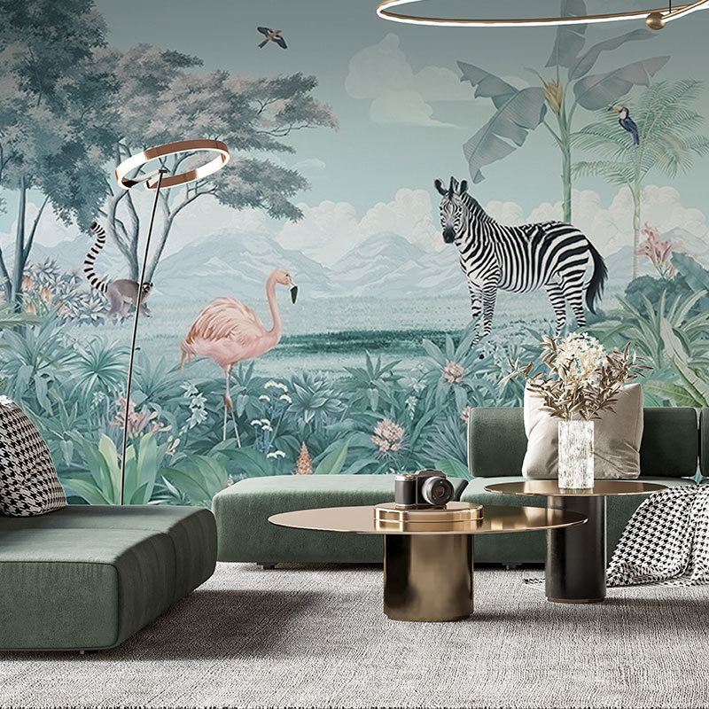 北欧法式丛林壁画自粘组合客厅卧室过道玄关装饰动物植物背景墙纸图片