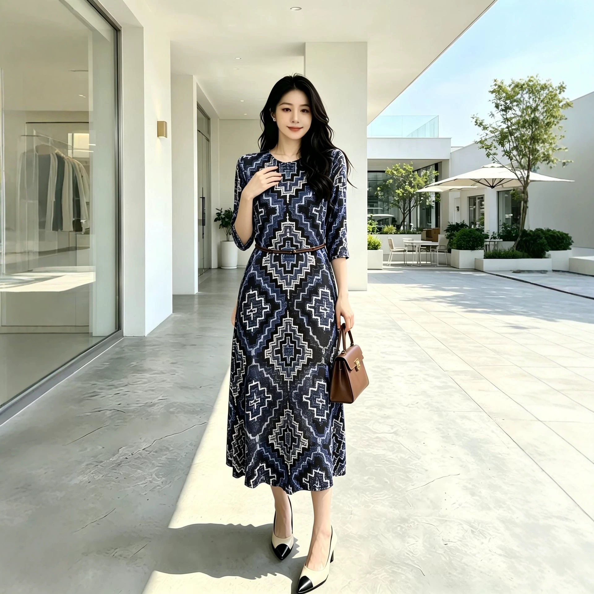 时尚复古褶皱印花连衣裙修身显瘦薄款夏新新系带中长款女裙子优质