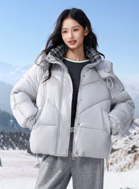 韩国英伦风连帽棉衣冬季格子领撞色短款加厚保暖小个子面包服外套