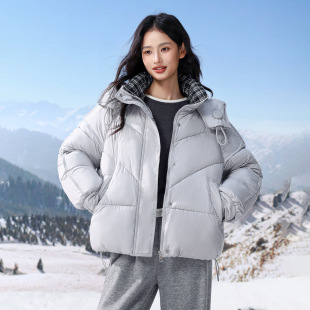 韩国英伦风连帽棉衣冬季格子领撞色短款加厚保暖小个子面包服外套