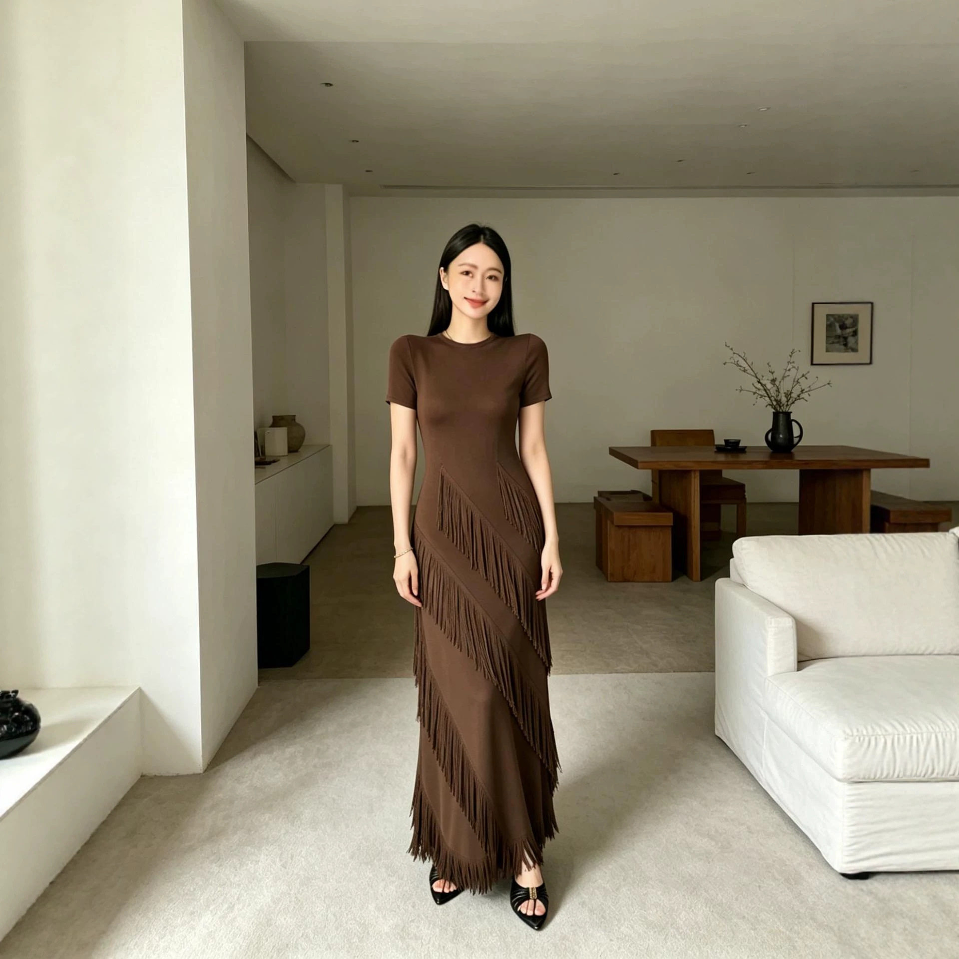 修身显瘦时尚连衣裙斜流苏薄款夏新款褶皱长款感裙子优质日韩新潮