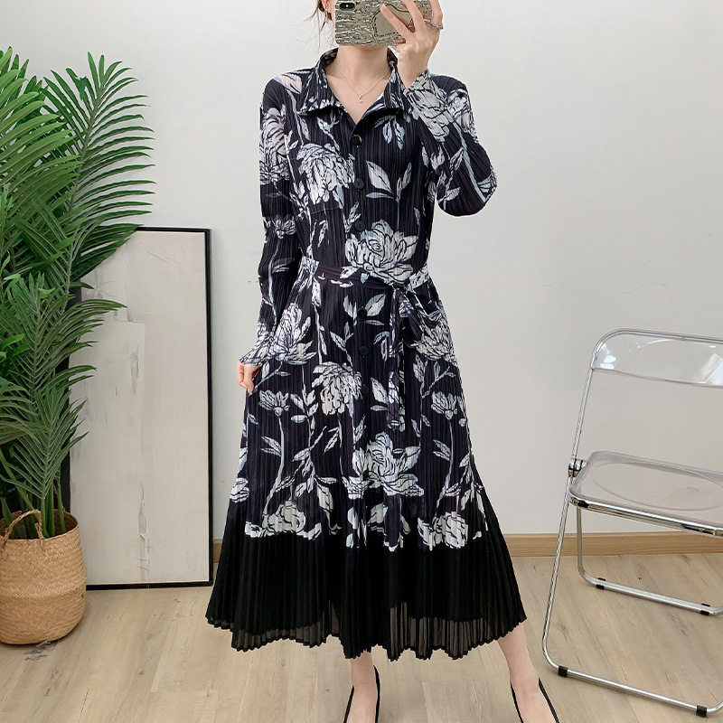 褶皱系带印花连衣裙春夏新款气质显瘦翻领长裙欧美女优质日韩新潮
