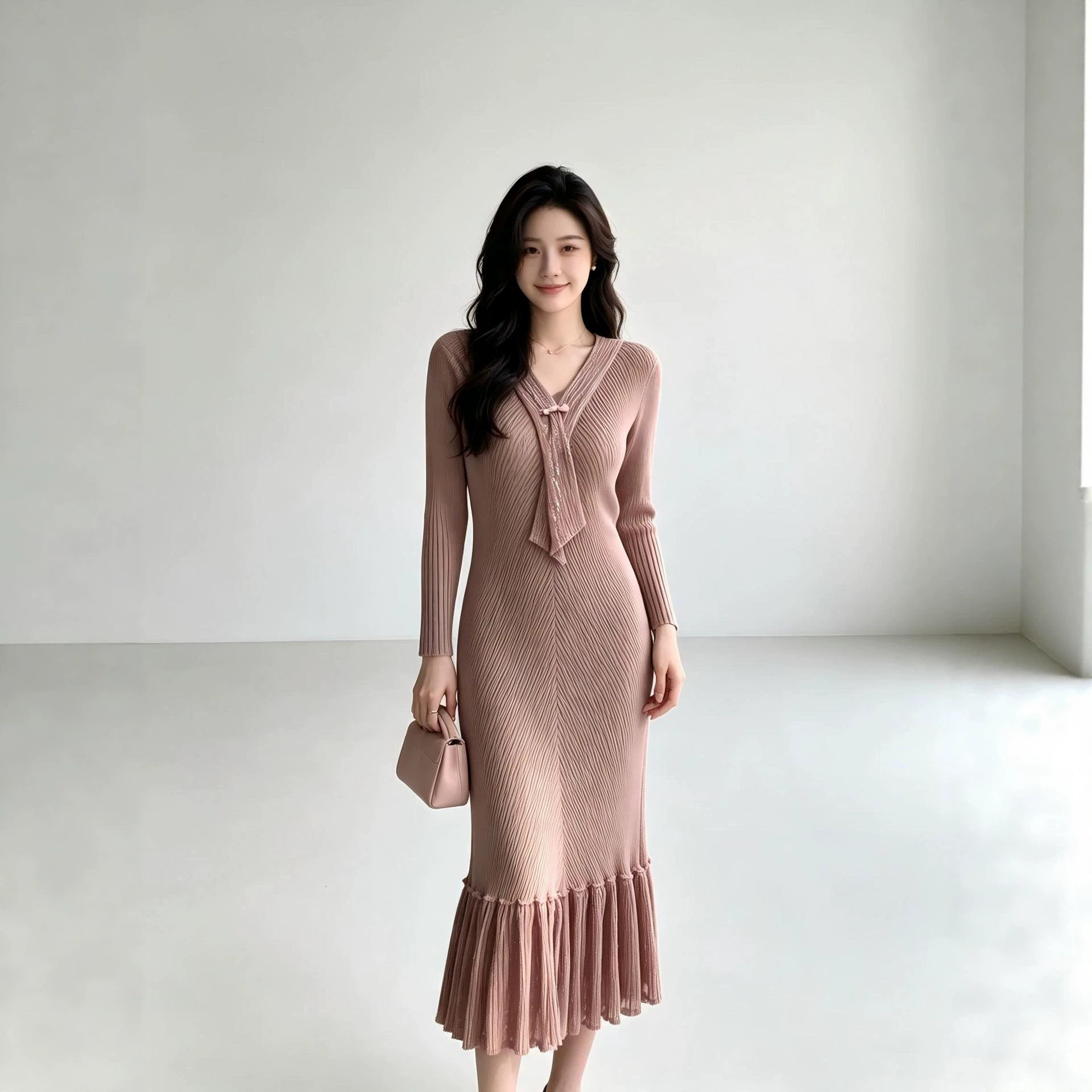 修身时尚纯色简约连衣裙秋款褶皱v领设计感鱼尾优雅显瘦长裙优质