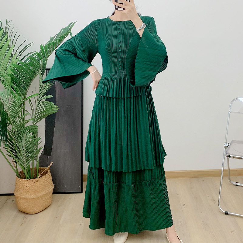 女连衣裙春新款墨绿色精致百褶裙大码女装褶皱长裙优质日韩新潮