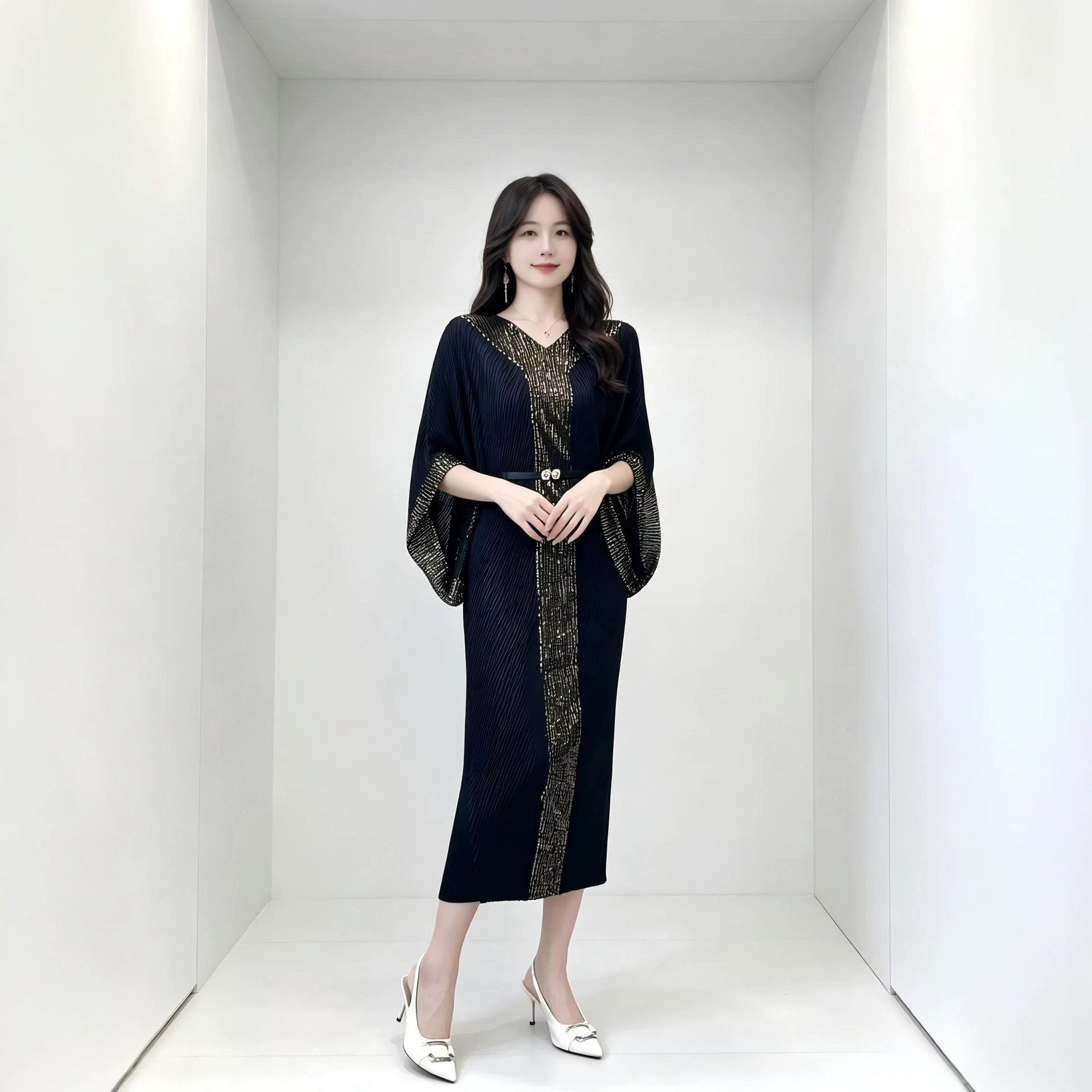 优雅设计感时尚连衣裙大码蝙蝠袖宽松休闲设计感褶皱裙子优质日韩