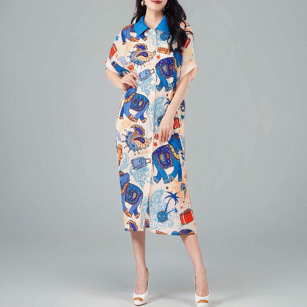 亚度假风翻领连衣裙夏季新款设计感印花长款外穿裙子女优质日韩