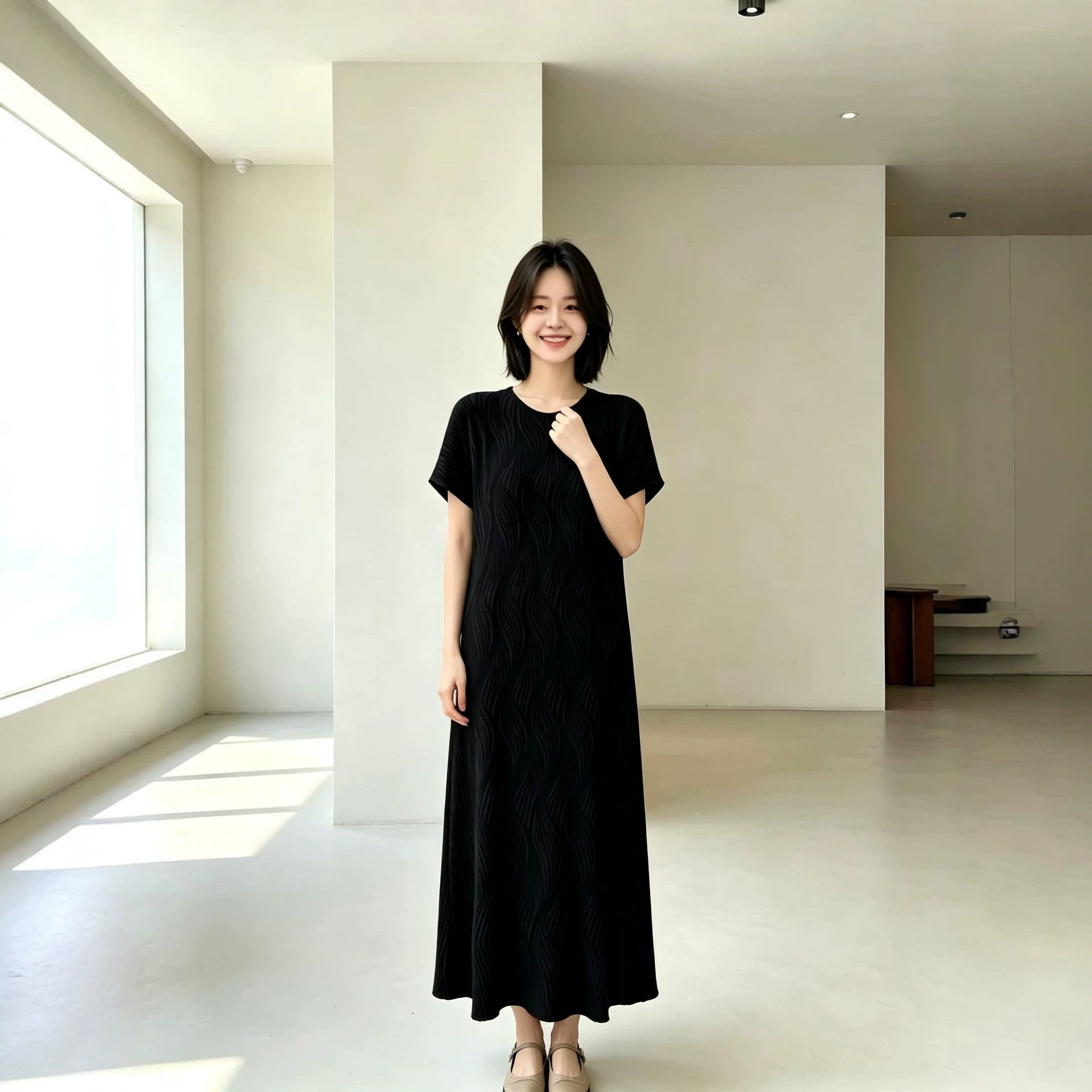 时尚宽松休闲连衣裙波浪褶薄款夏新款纯色简约日常褶皱女裙子优质