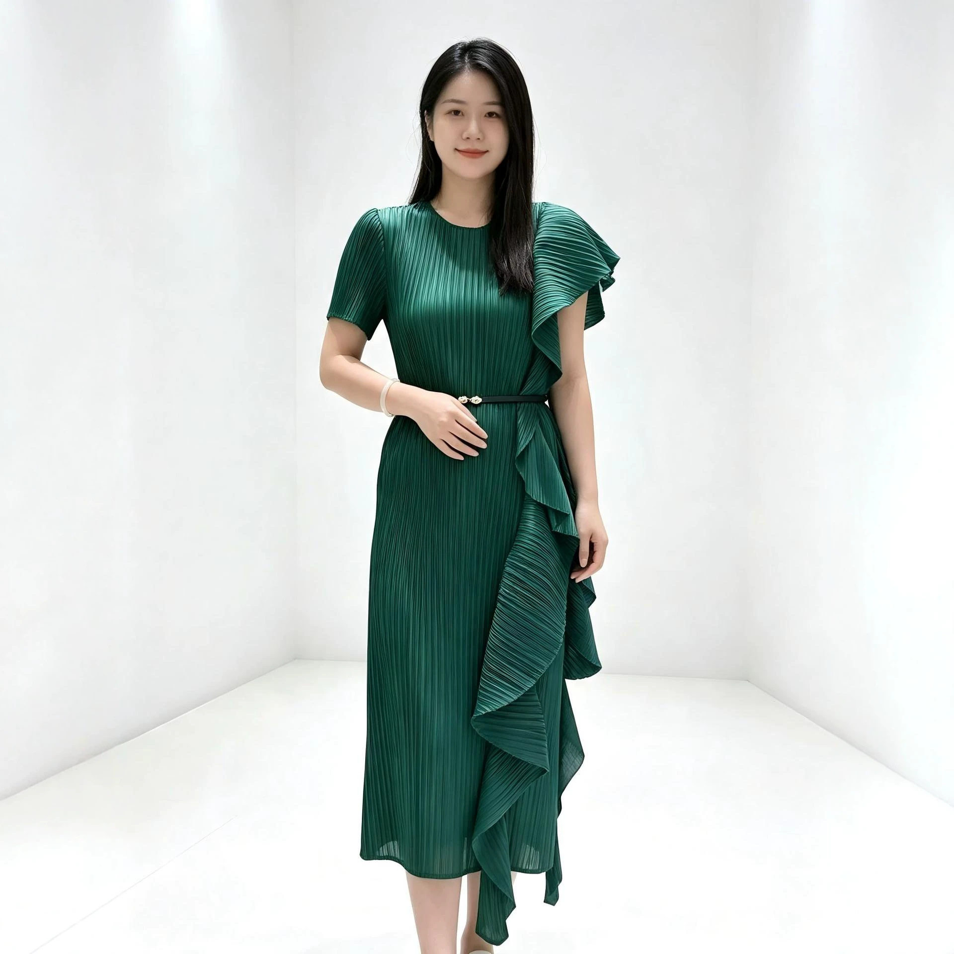 宽松时尚纯色拼接连衣裙不规则设计感优雅气质显瘦遮肉裙子女优质