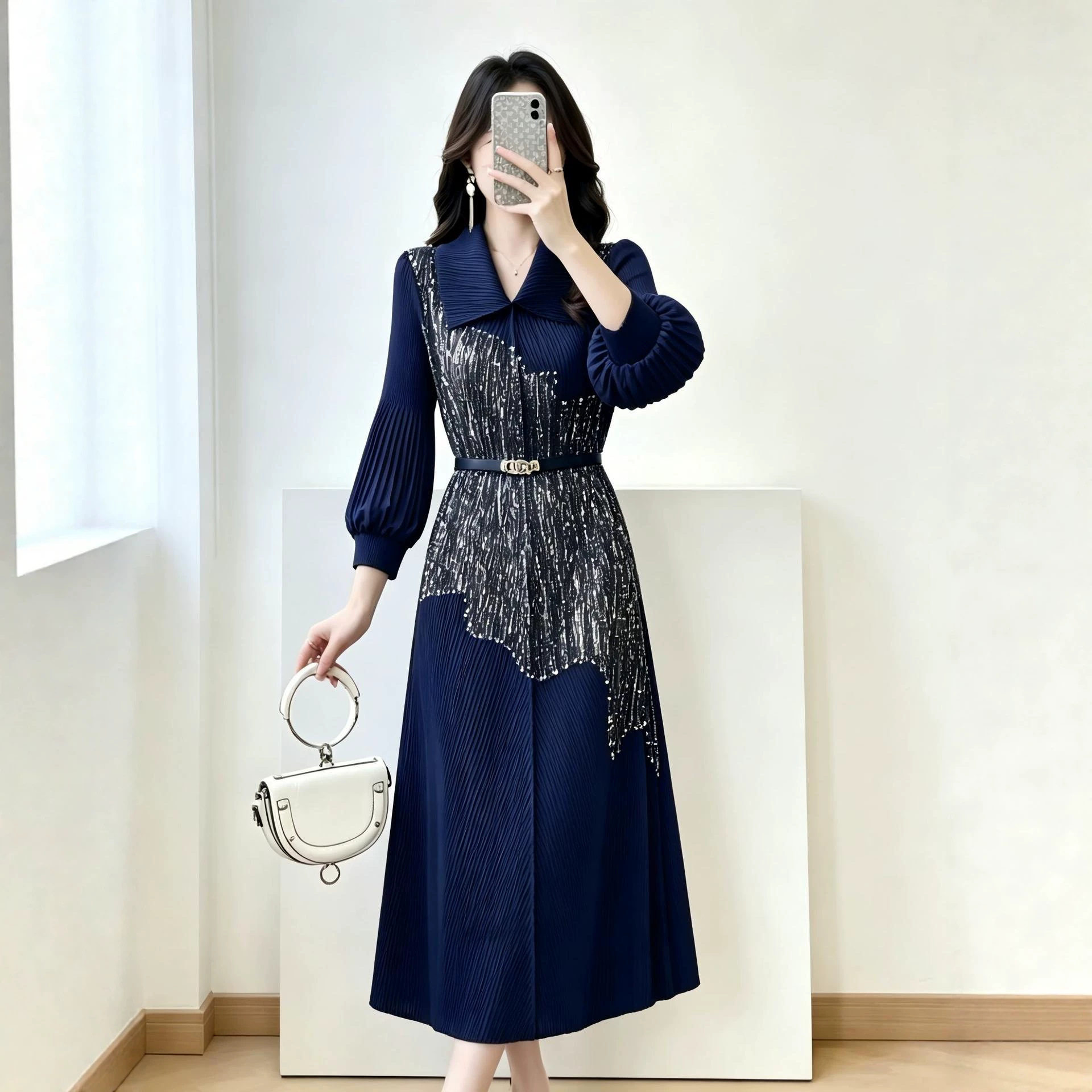时尚气质感连衣裙女装纯色印花褶皱上衣优雅通勤女中长裙优质日韩