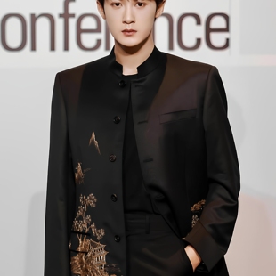 秋冬休闲垫肩唐装 檀健次同款 夹克男士 艺术刺绣立领西装 外套 新中式