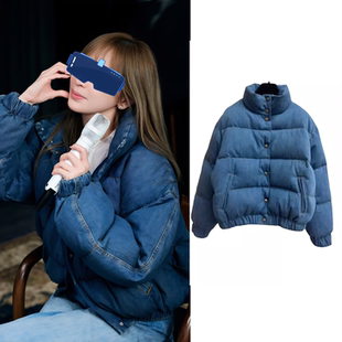 王心凌金智妮Jennie同款复古白鸭绒面包服外套冬季蓝色牛仔羽绒服