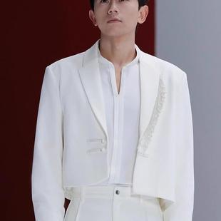 张杰同款白色短款夹克小西装珍珠设计高级感垫肩男女西服外套