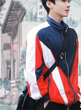 欧洲白敬亭之同款难哄红色拼接机车美式翻领夹克高街潮牌拉链外套