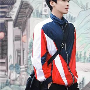 欧洲白敬亭之同款 翻领夹克高街潮牌拉链外套 难哄红色拼接机车美式