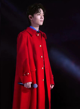 星服肖战同款毛呢大衣红色中长款男女同款过膝宽松秋冬季羊绒风衣