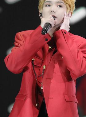 欧洲王源明星同款外套男简约红色无领合身版型西装百搭休闲上衣夹