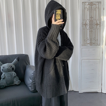 ins风大帽子宽松加厚开衫毛衣男春秋季潮流情侣连帽针织衫线衣bf