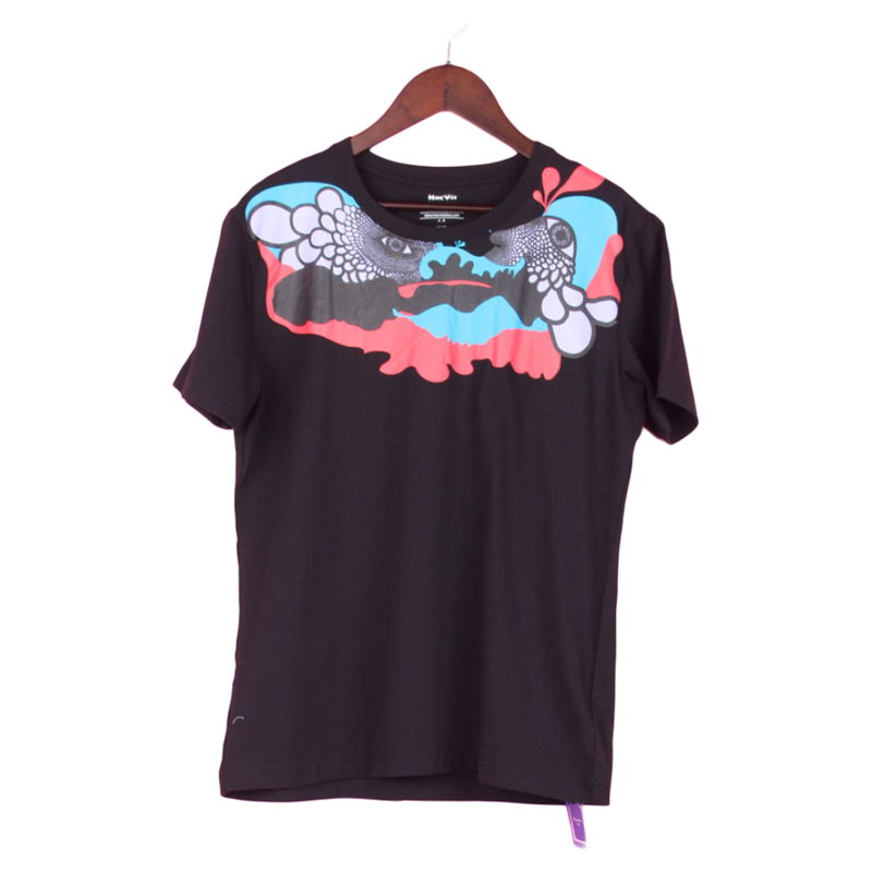 圆领短袖黑色印花纯棉T上衣