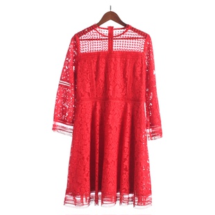 红色蕾丝连衣裙 朵系列166DY214不春秋女收腰长袖 徐07