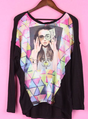 [徐]包邮76FWXZ228女装春秋季套头圆领长袖拼接印花针织上衣