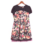 R系列142122库存清仓女夏套头圆领短袖 徐08 黑色碎花连衣裙