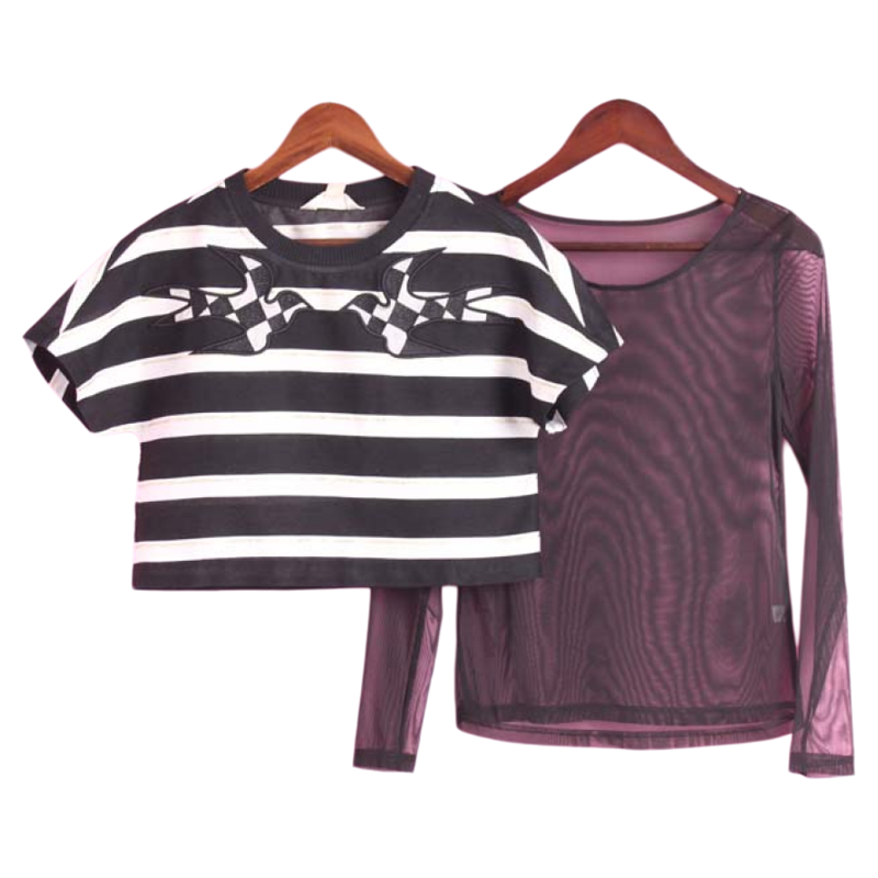 【徐08】T系列146TT098春秋女圆领短袖T恤长袖打底两件套