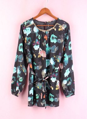 【徐08】100SYMM634库存剪标女春秋圆领宽松印花雪纺衫孕妇上衣