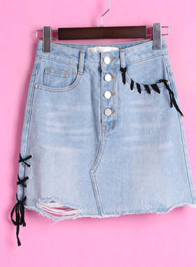 【徐07】香蕉系列124XJBB369上新女夏季时尚百搭破洞系带牛仔半裙