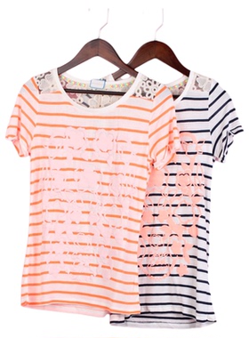 【徐08】坚系列80JCWD173女夏圆领拼接横条纹短袖修身T恤上衣