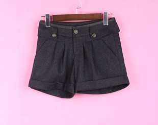 黑色低腰宽松毛呢百搭短裤 冬休闲裤 83YH454女装 子 徐