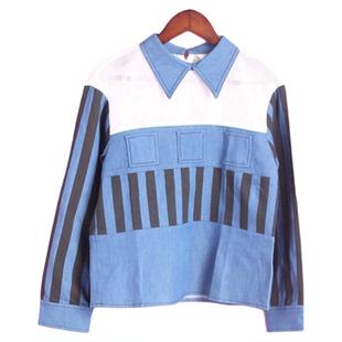 女牛仔印条纹拼接网布衬衣 T系列146TT039库存清仓春秋季 徐08