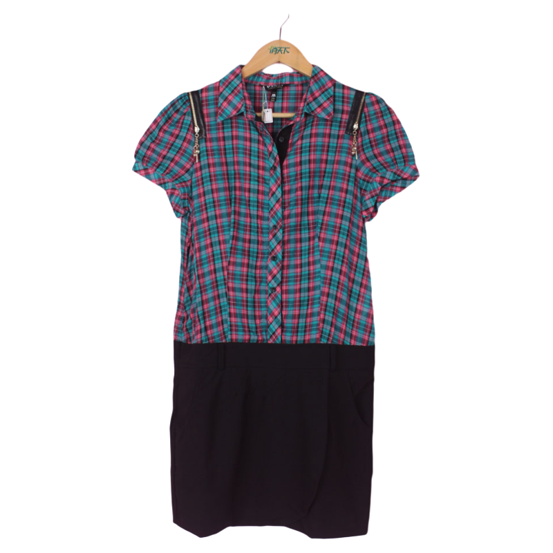 绿红格子短袖修身连衣裙