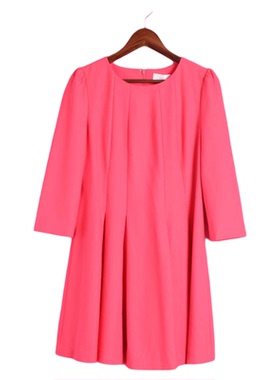 【徐08】R系列142002库存清仓春秋女套头圆领长袖红色收褶连衣裙