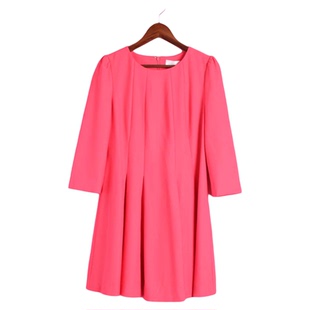 红色收褶连衣裙 R系列142002库存清仓春秋女套头圆领长袖 徐08