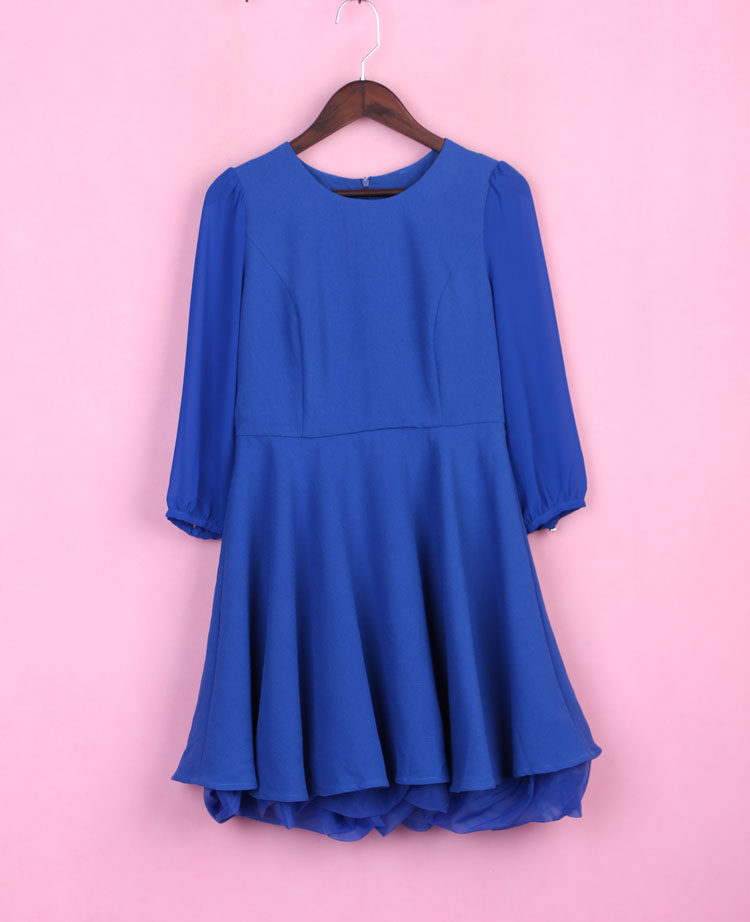 67xyd*030女春秋套头圆领长袖雪纺伞裙摆蓝色修身品牌清仓连衣裙