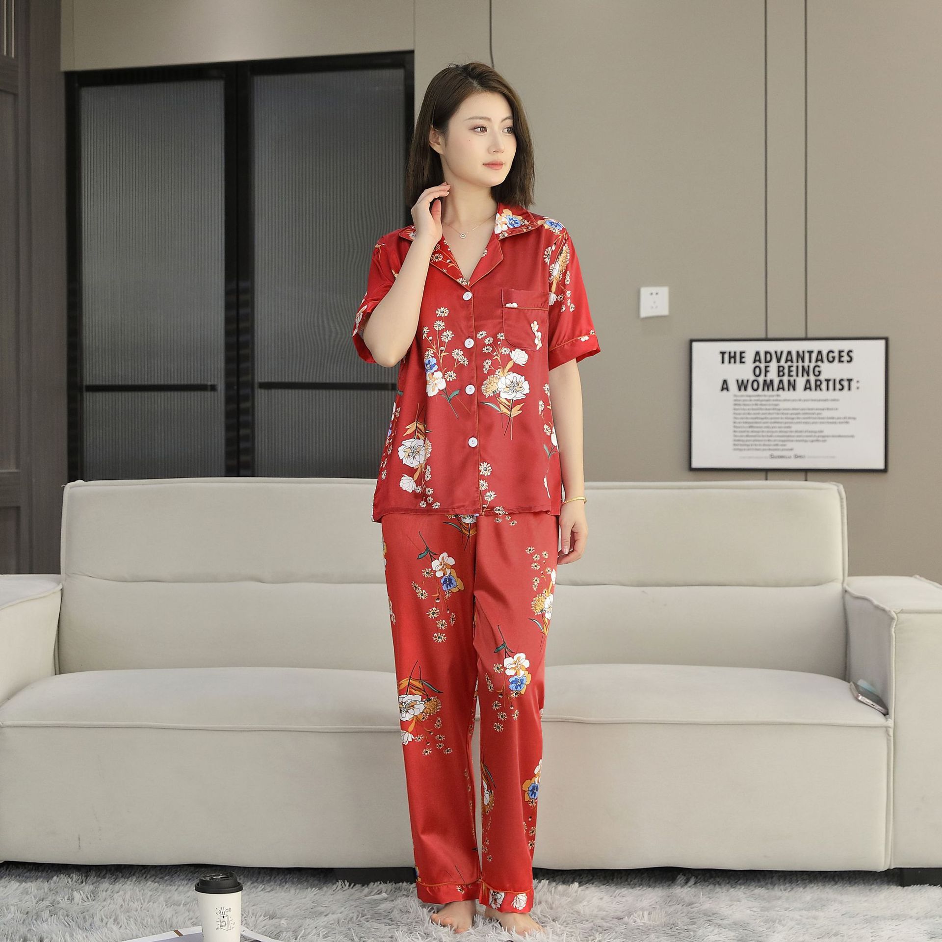 冰丝睡衣女款高级感短袖长裤套装女士睡衣薄款加大码可外穿家居服