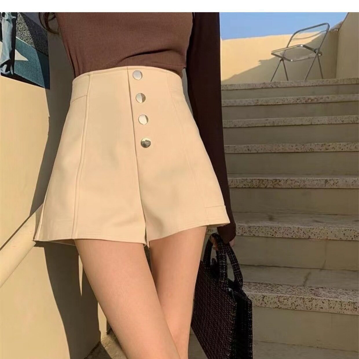 休闲大码A设计单排扣阔脚裤胖mm款2026高腰秋季短裤女新款字热裤