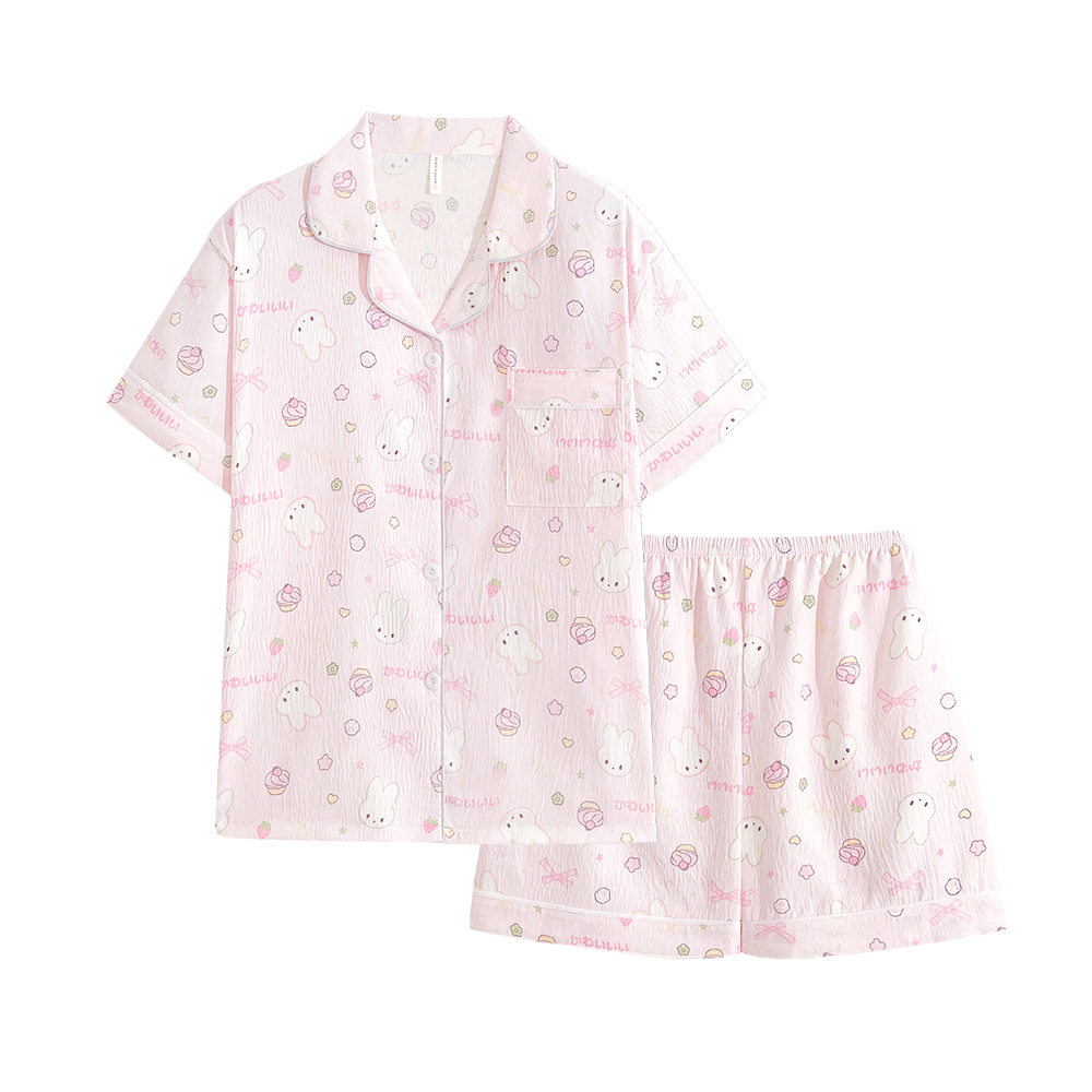 睡衣女新款夏季翻领短袖短裤甜美少女粉色米菲兔家居服套装可外穿