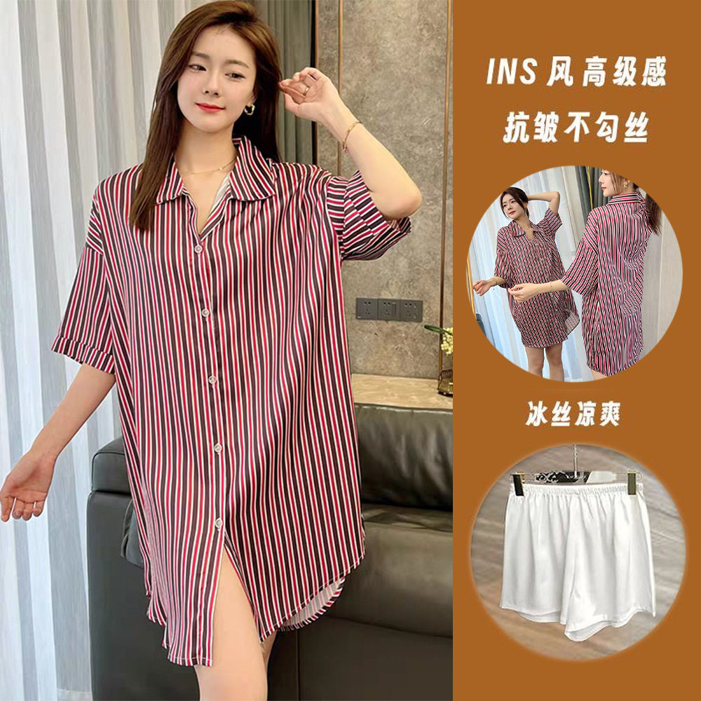 夏季冰丝睡衣夏天睡裙成熟显瘦大码网红宽松衬衫性感外穿家居服