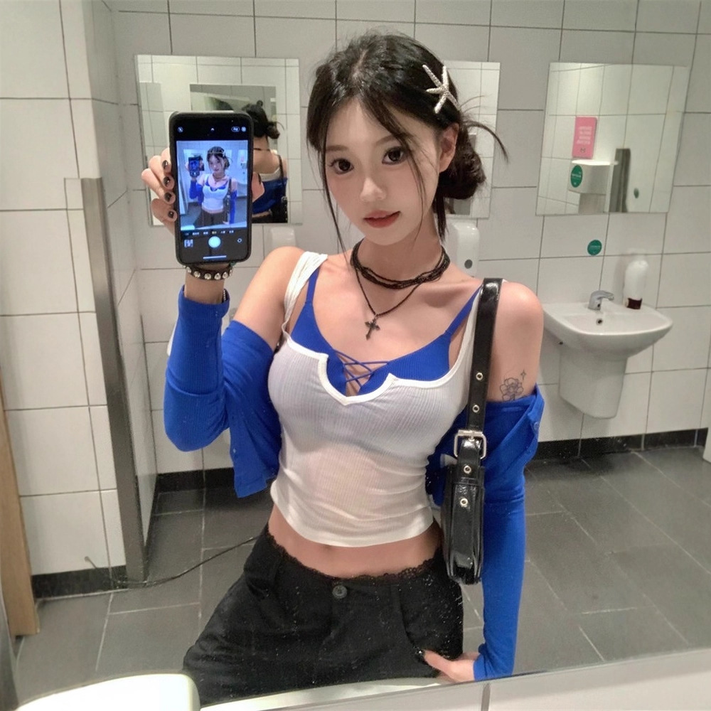 新款两件套微透天丝背心小吊带修身显瘦上衣内搭性感纯欲交叉裹胸