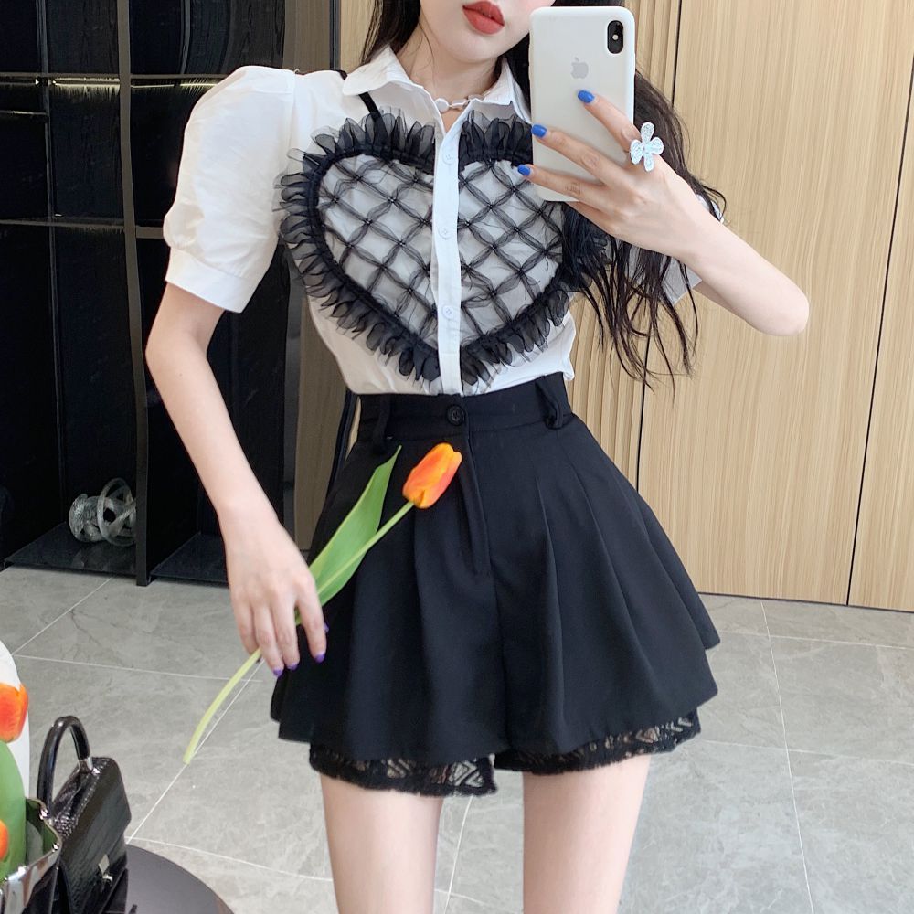 辣妹百褶蕾丝边短裤女小个子秋季高腰显瘦休闲百搭黑色阔腿裙裤子