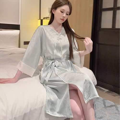 24款新中式睡衣女冰丝春秋款长袖丝绸套装夏国风家居服七分袖浴袍