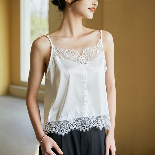 宁欣意法式短袖蕾丝吊带背心 性感V醋酸缎面内搭外穿宽松打底上衣