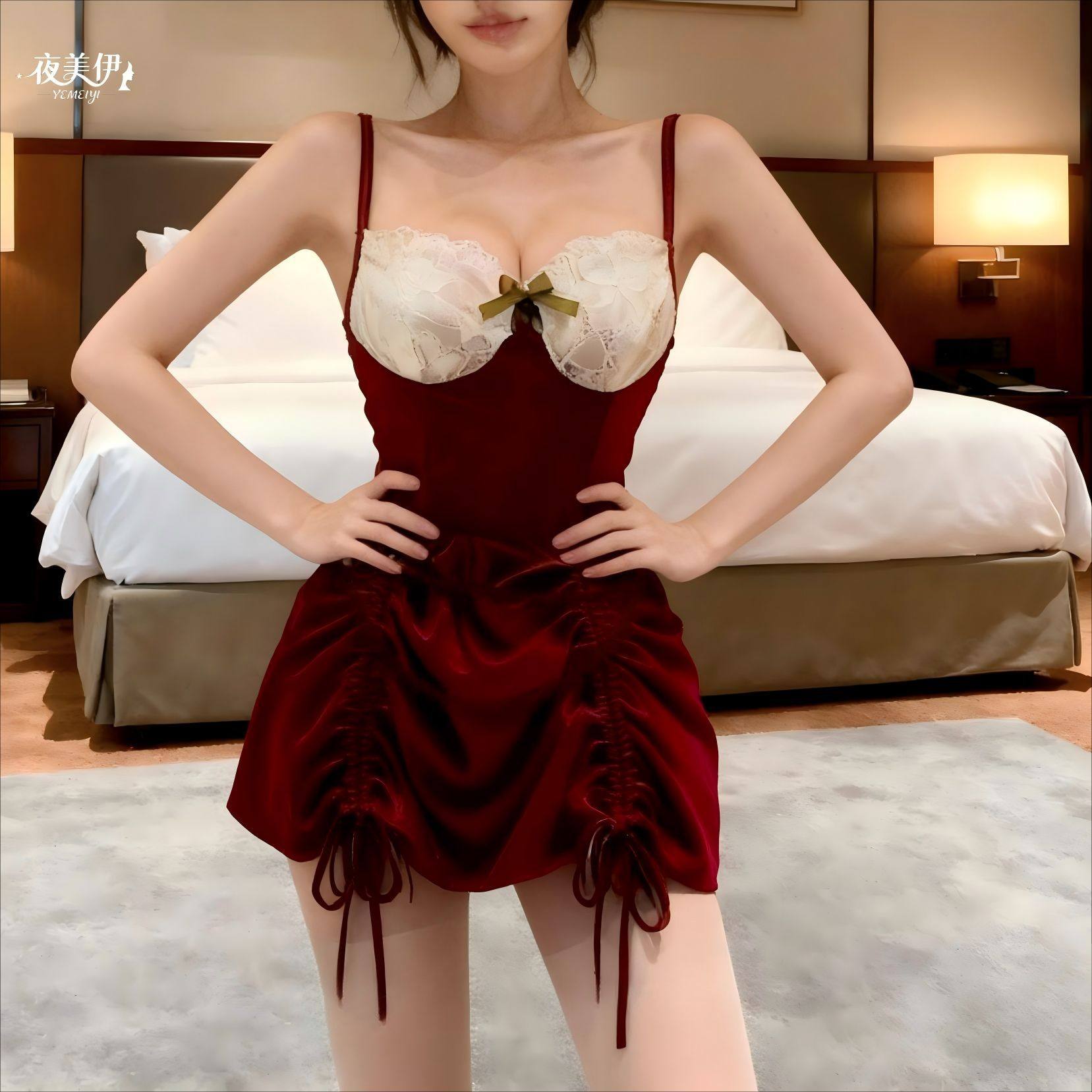 大码性感内衣圣诞新年复古法式套装珍珠蕾丝拼接吊带纯欲丝绒睡裙