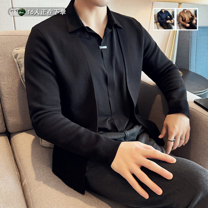 男士2026秋冬季高级感假两件针织开衫无痕衬衫领外套男黑色毛衣潮