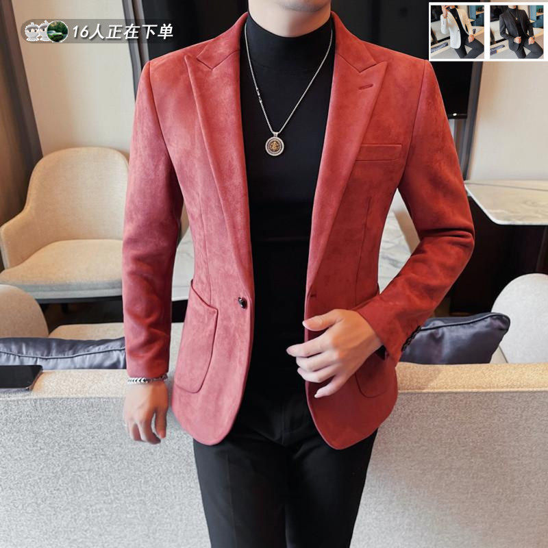 麂皮绒西装外套男秋冬季商务休闲男装高级感时尚潮流修身西服上衣